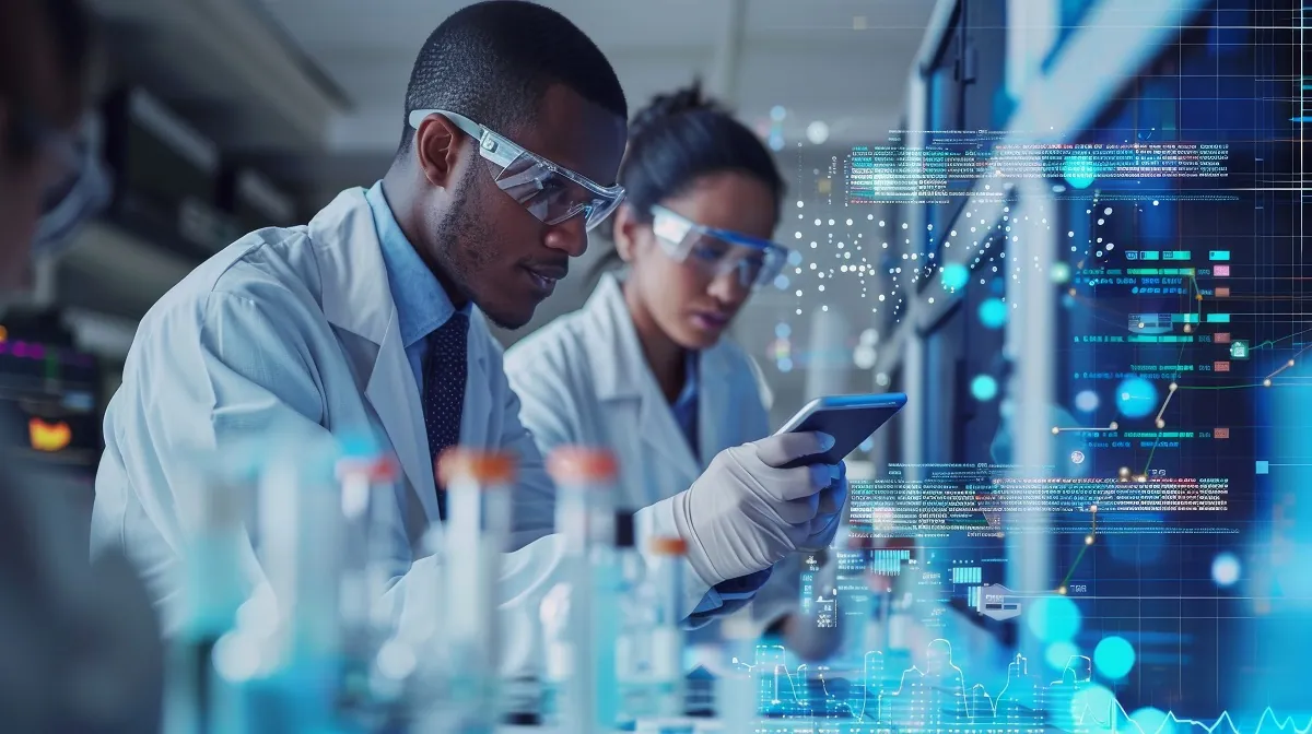 researchers discussing a project in a biotech lab, overlaid with financial charts and investment data