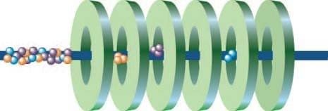 Nach der Freisetzung in die T-Wave-Region treibt eine Wanderwelle die Ionen durch ein neutrales Puffergas (typischerweise Stickstoff bei 0,5 mbar), das sie nach ihrer Mobilität trennt (mittlere Abbildung).