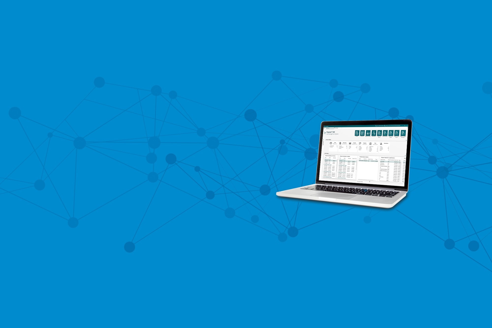 Laptop displaying Empower LMS software on top of blue plexus design