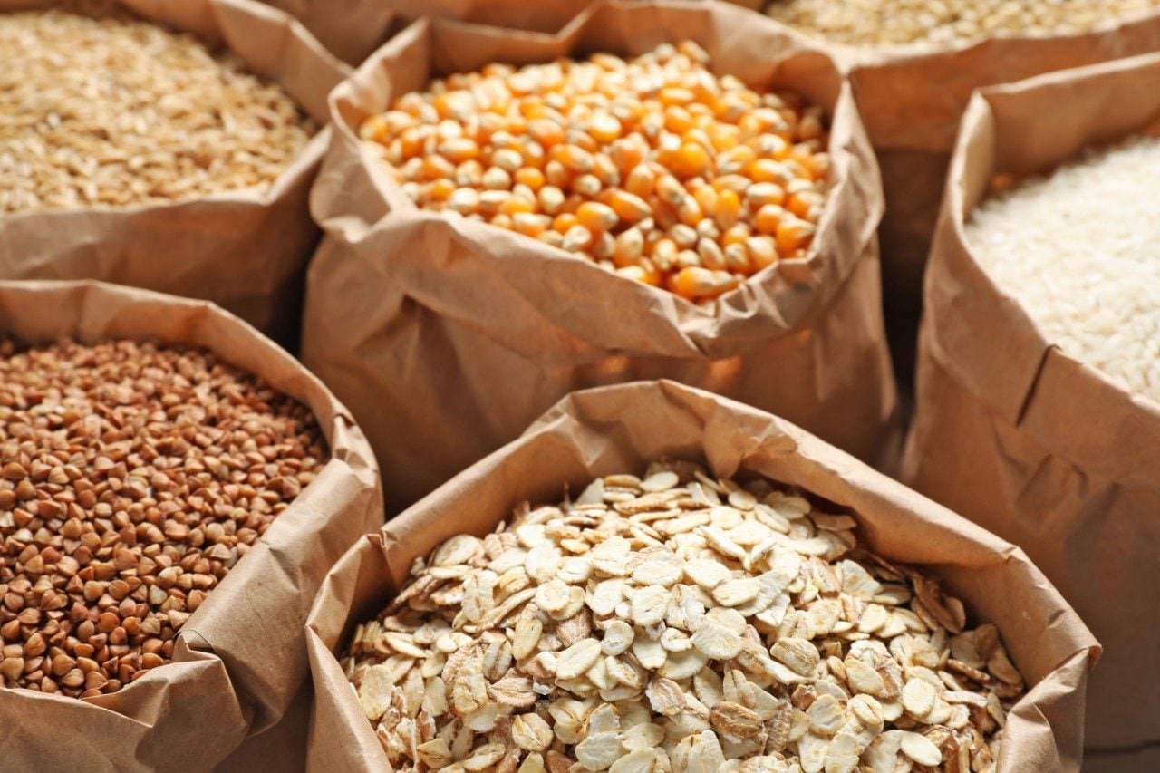 Bags of different cereal grains