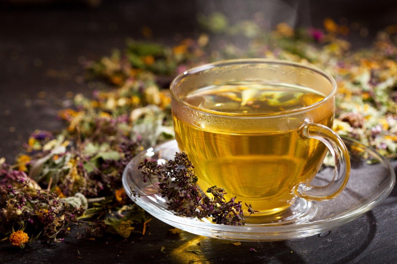 Cup of herbal tea with various herbs