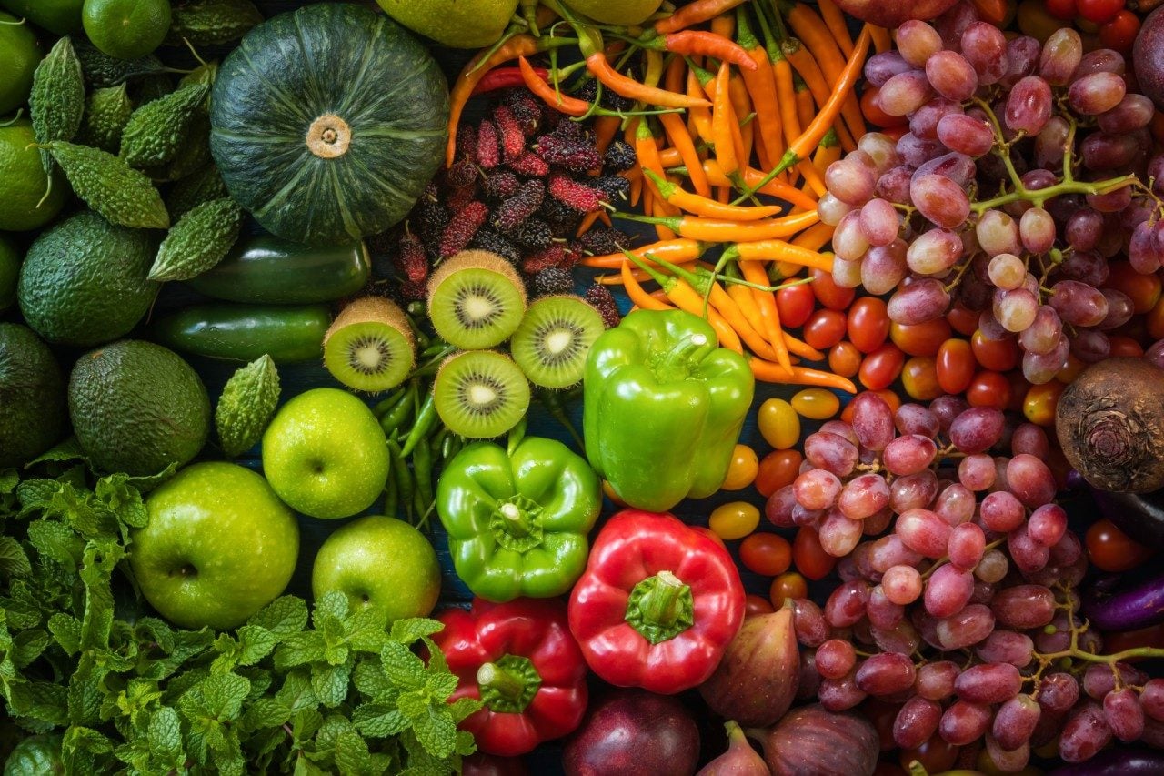 Top view different fresh fruits and vegetables