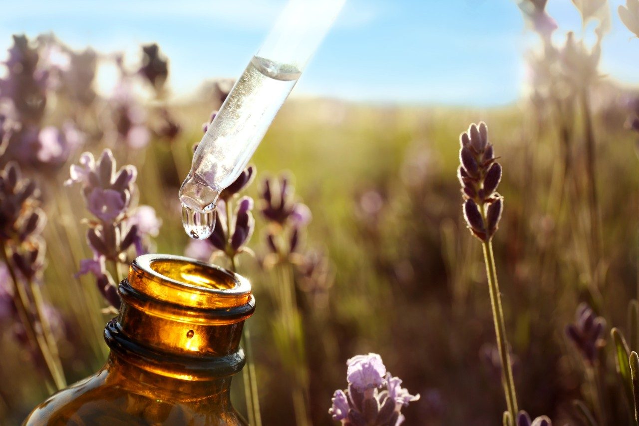 Dropper with lavender essential oil over bottle in field