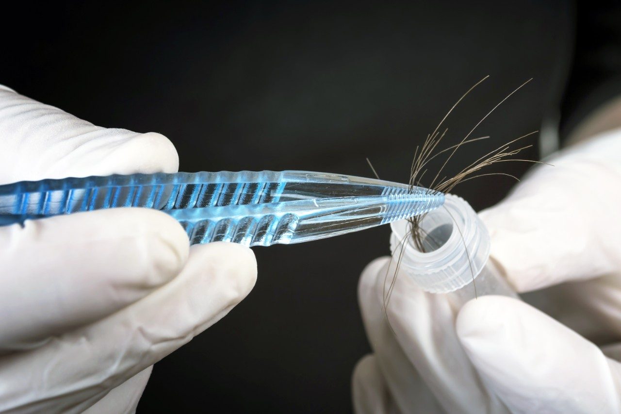 Hair sample in tweezers and vial