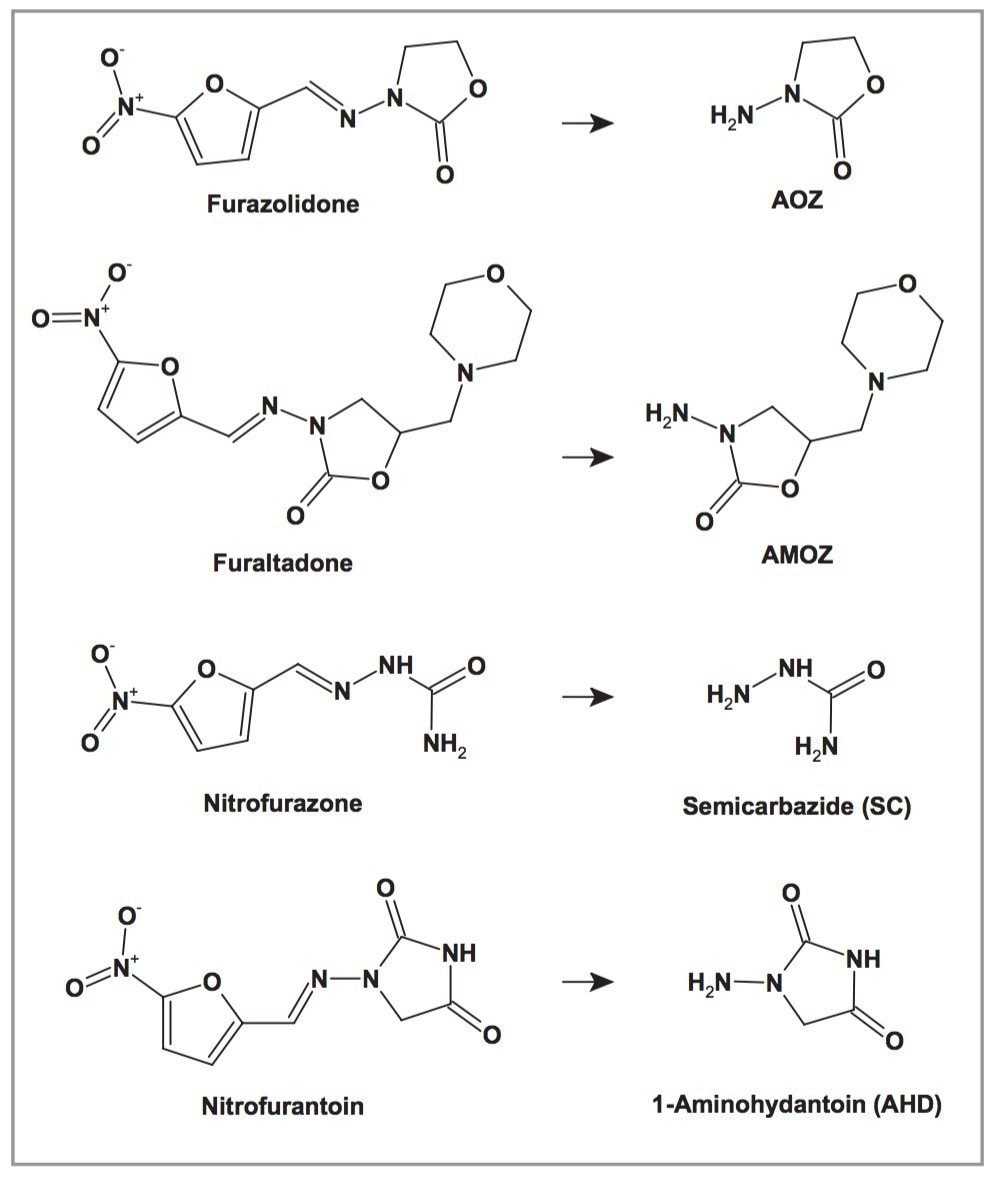  Structures of the nitrofuran antibiotics and their free metabolites