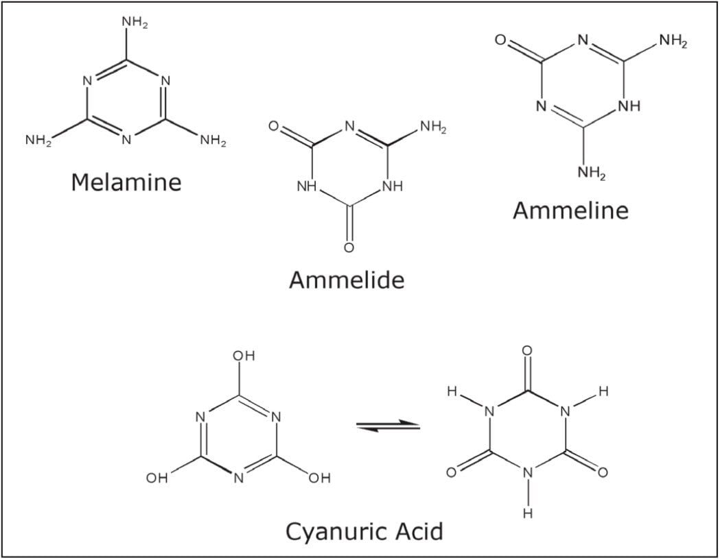 Structures of melamine, ammelide, ammeline, and cyanuric acid