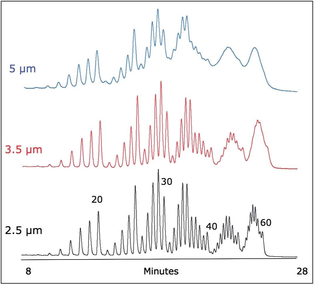 Impact of sorbent particle size on oligonucleotide ladder separation. Improved resolution of 15 to 60 nt oligodeoxythymidine ladder is observed for columns packed with smaller particles