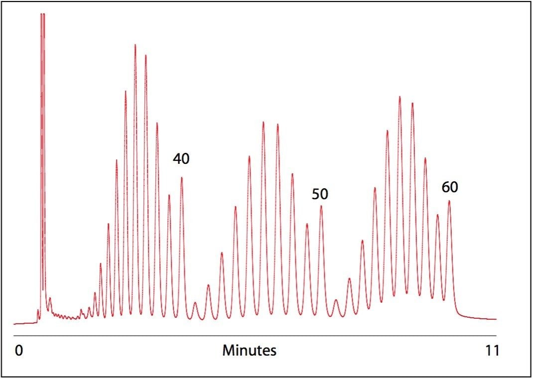 Resolution of 30 to 60 nt oligodeoxythymidine ladder in UPLC mode