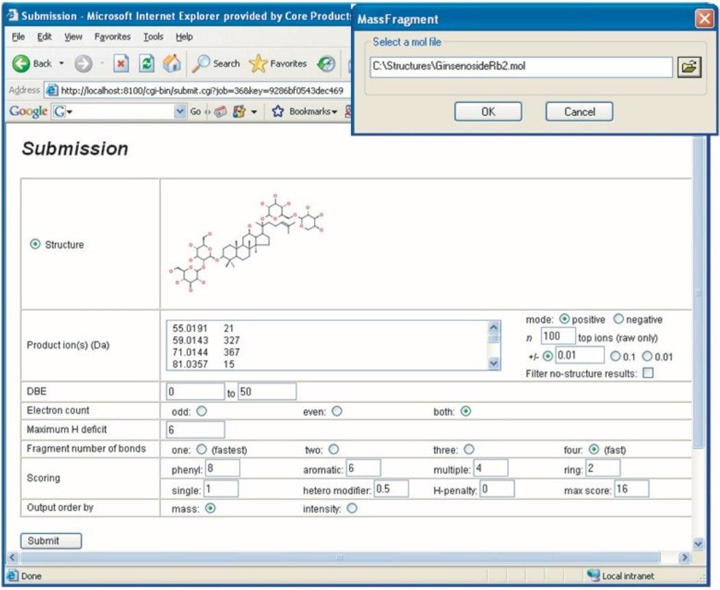 Submission page for structural elucidation by MassFragment