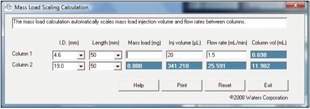 Waters OBD Prep Calculator mass load scaling calculation.