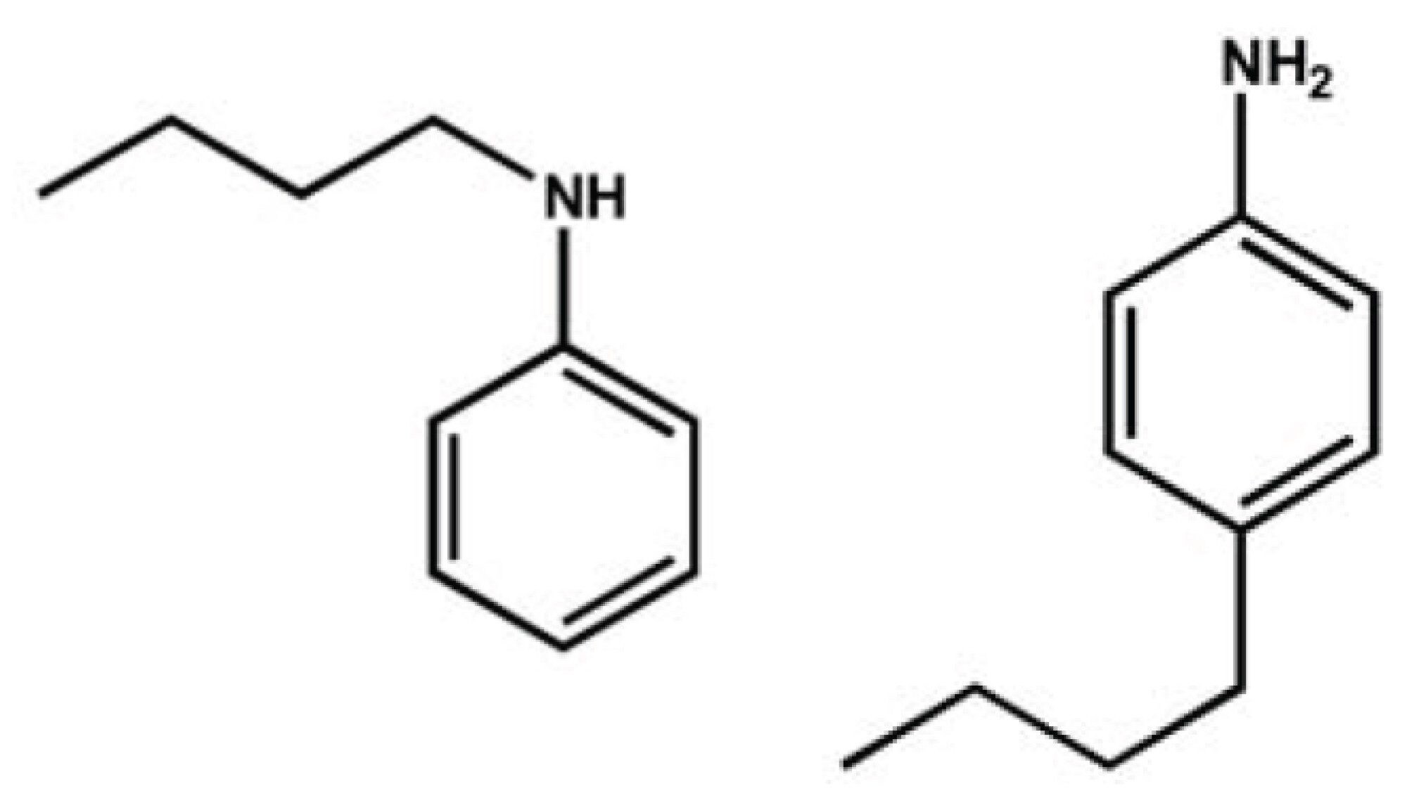 The isomeric structures of N-butylaniline and 4-butylaniline.