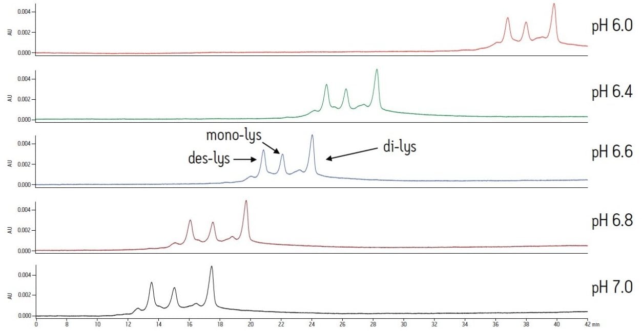 Analysis of a chimeric antibody and its truncated C-terminal lysine variants on a Protein-Pak Hi Res CM column with MES buffer. Separations were performed over a pH range of 6.0-7.0 using Auto•Blend Plus Technology.