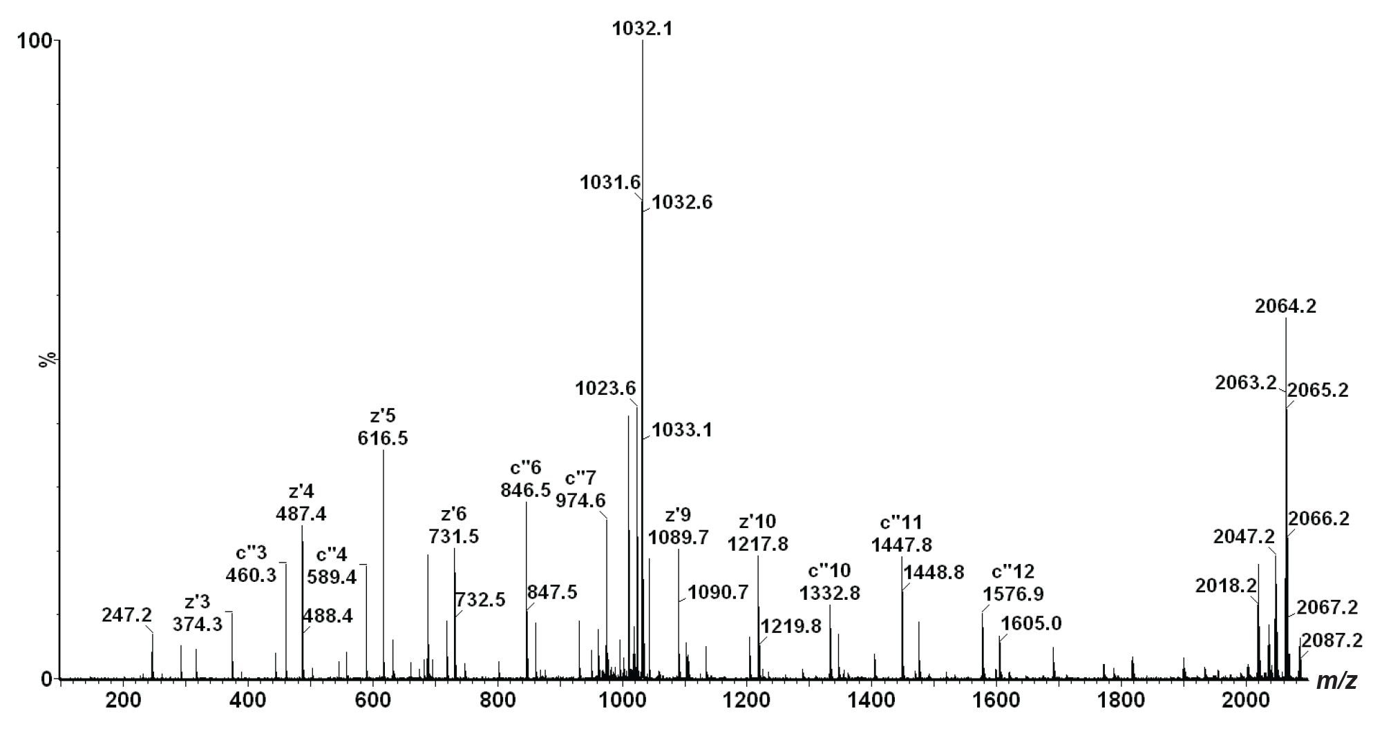 The ETD spectrum obtained through fragmentation with 10 eV supplemental activation of the triply-charged phosphopeptide ion at m/z 688. The base peak at m/z 1032 is the 2+ charge-reduced species and the peak at m/z 2064 is the 1+ charge-reduced peak.