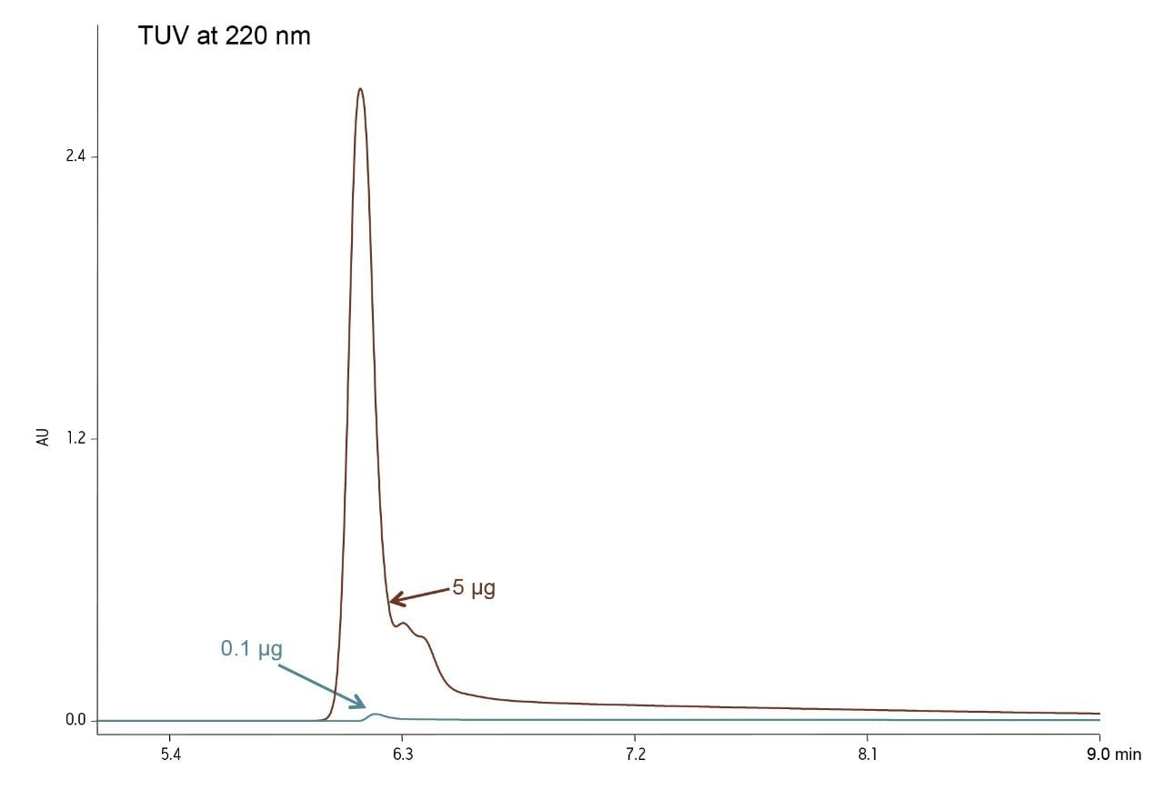 Chromatogram of humanized IgG4 at the low and high end of the linear dynamic range, with detection at 220 nm. Detector saturation is observed at loads above 5 µg on-column.