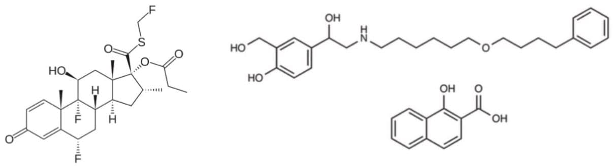 Structures of fluticasone propionate and salmeterol xinafoate