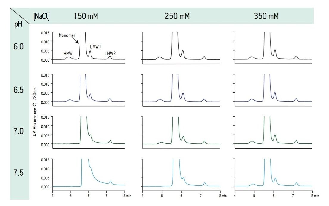 Expanded view chromatograms demonstrating the effect of pH and ionic strength on SEC separation of trastuzumab on an ACQUITY BEH200 (4.6 mm x 300 mm) column.