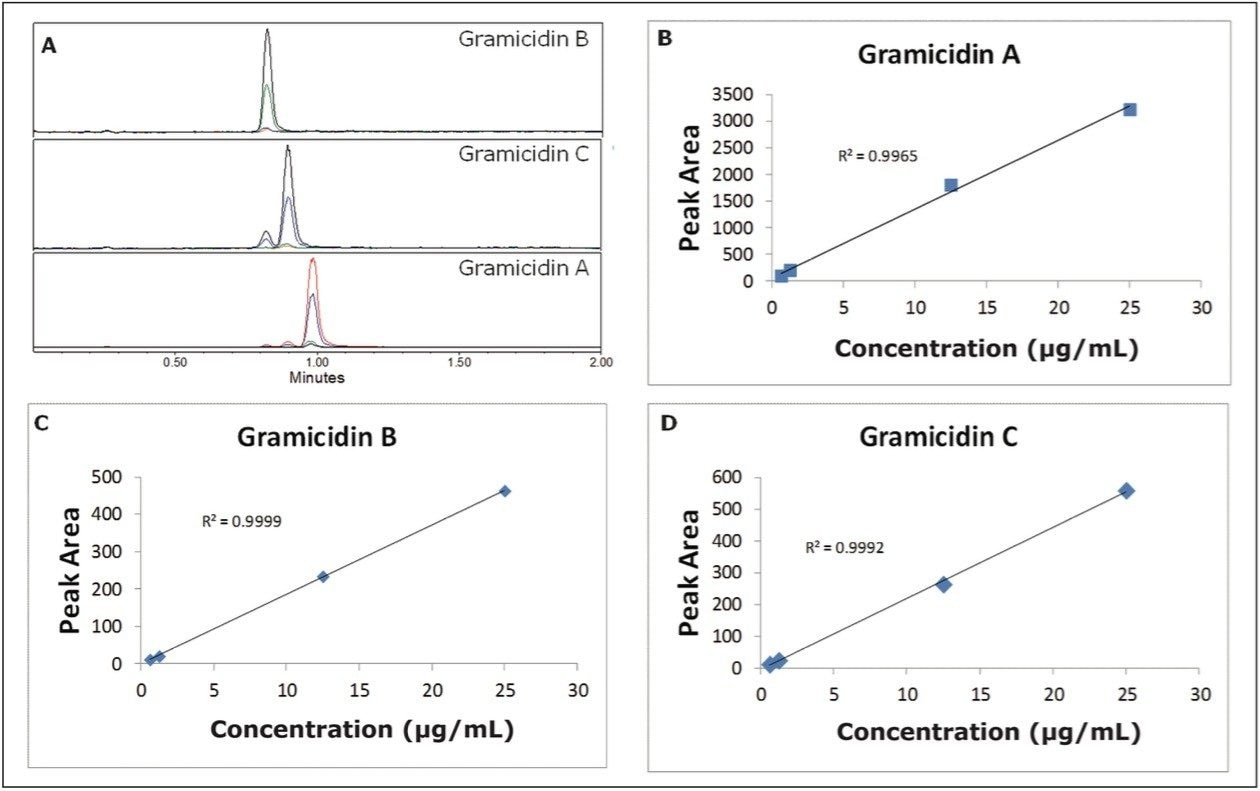 Panel A. Overlay of selected ion chromatograms for gramicidin species Panels B, C, and D. Linearity fits for integrated MS peak area 