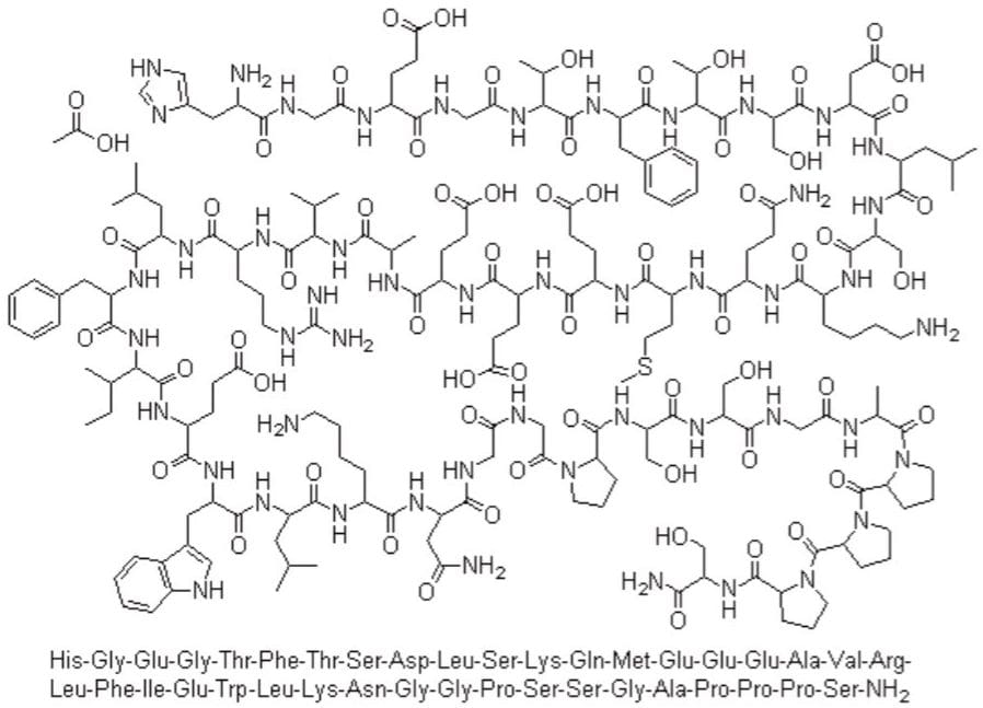 Chemical structure and amino acid sequence of exenatide.