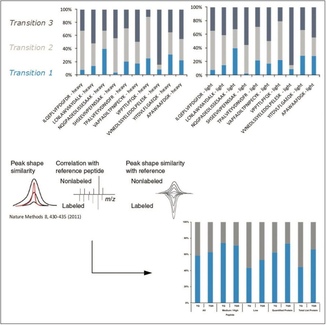  Skyline processed relative intensities evaluation of the three selected transition of QconCAT and native peptides (top) and mProphet probabilistic scoring (bottom)