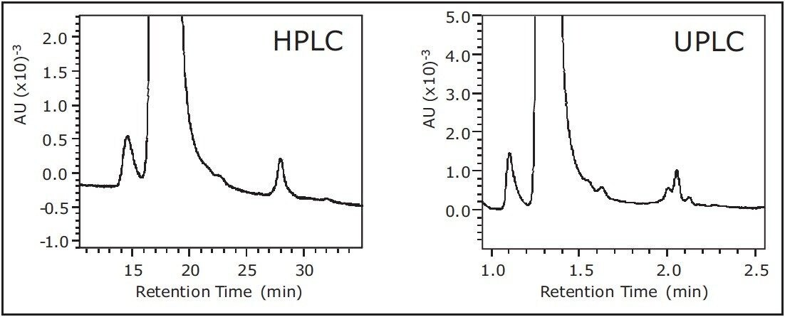 Comparison of peak resolution identified the presence of multiple species in UPLC that were unidentifiable in HPLC.