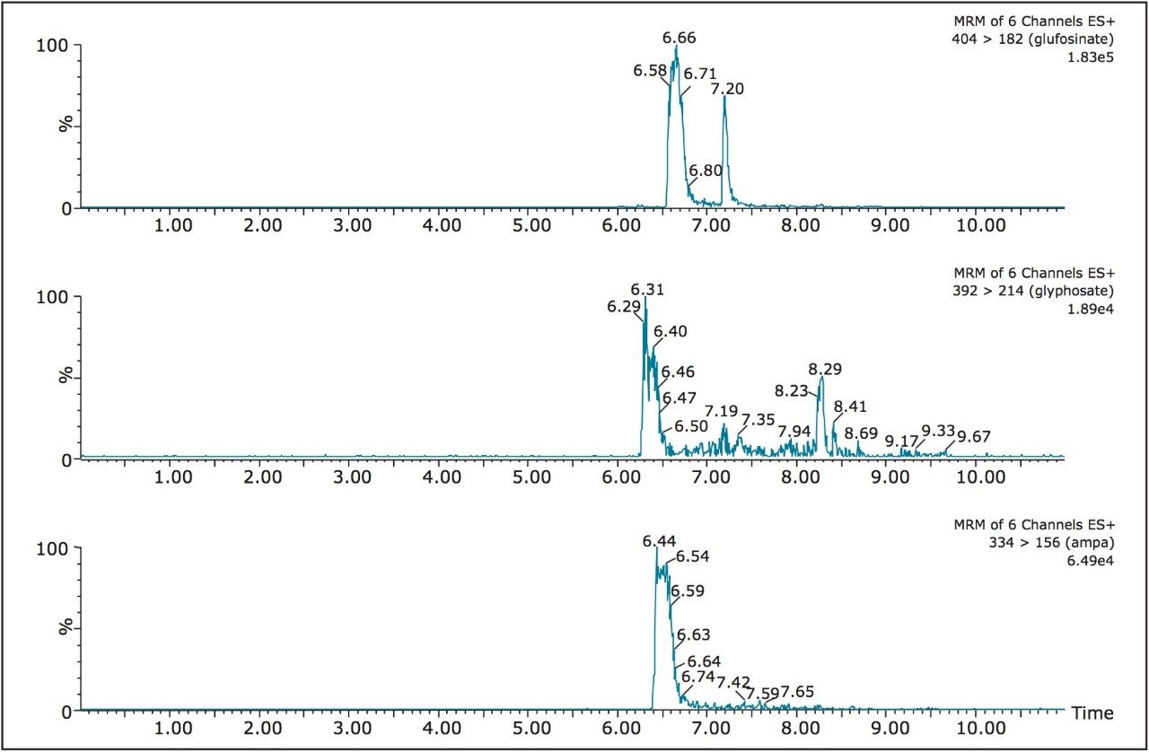 Chromatography profile of FMOC-glyphosate, FMOC-glyfosinate, and FMOC-AMPA with at-column dilution inactive.