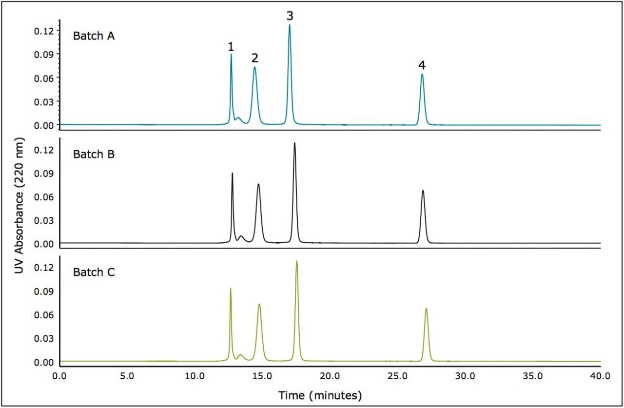 comparison of the separation of BEH125 SEC Protein Standard Mix (p/n 186006842) on three XBridge Protein BEH SEC, 3.5 µm Columns