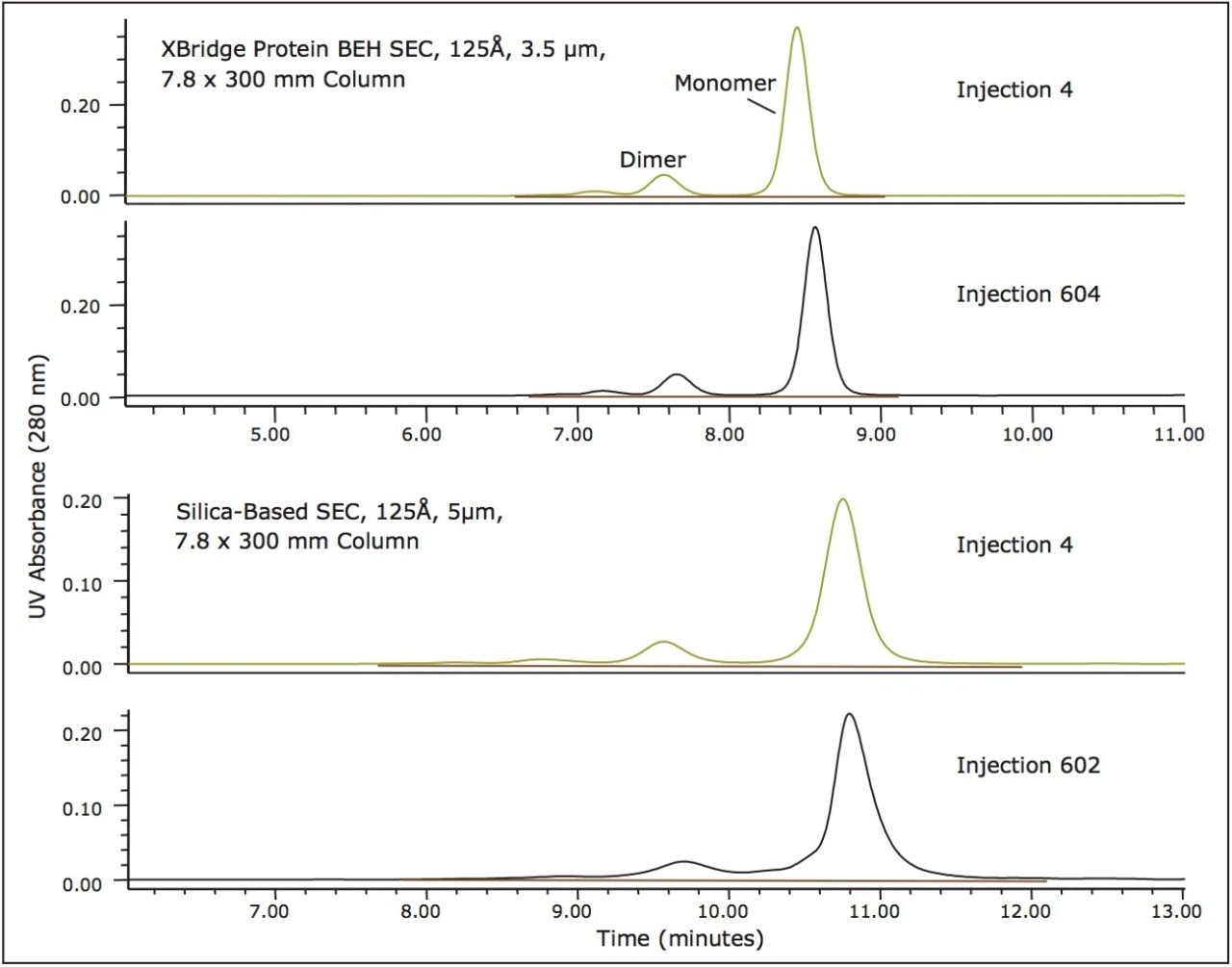  lifetime (>600 injections) comparison of the separation of myoglobin (17 KDa) on an XBridge Protein BEH SEC, 3.5 µm Column (top frame) and a traditional silica-based SEC, 5 µm column (bottom frame)