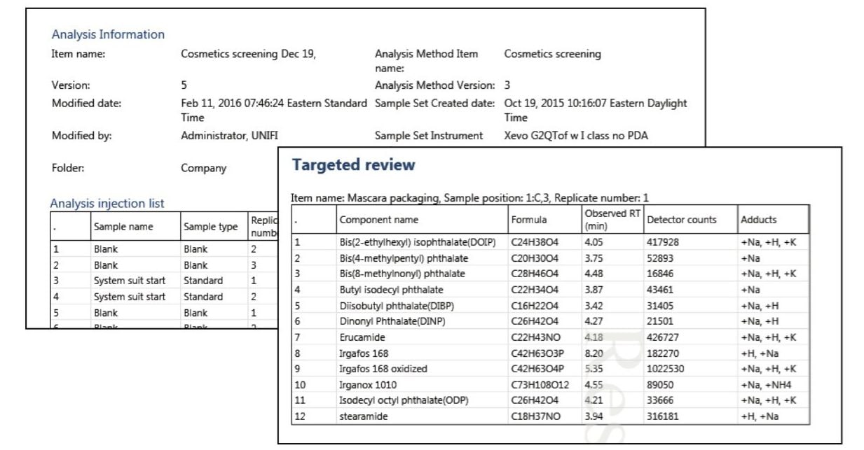 Figure 8. Report examples for analysis information and target summary.