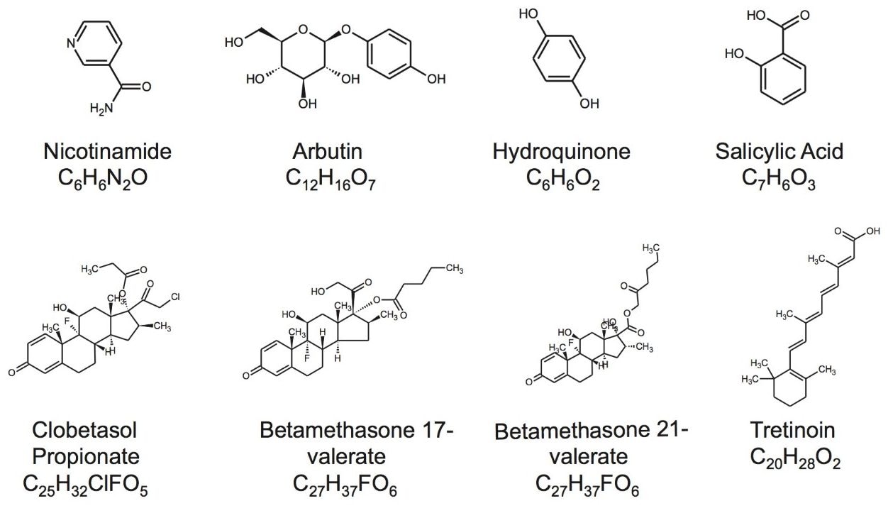 Empirical formulas and structures for the skin lightening agents