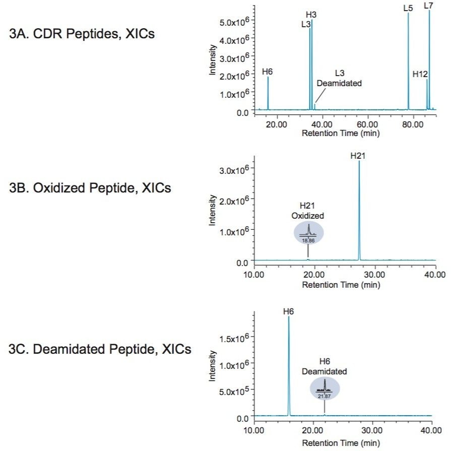 XICs used to identify attributes of interest. Peak labels “H” and “L” refer to heavy  chain and light chain peptides, respectively. 