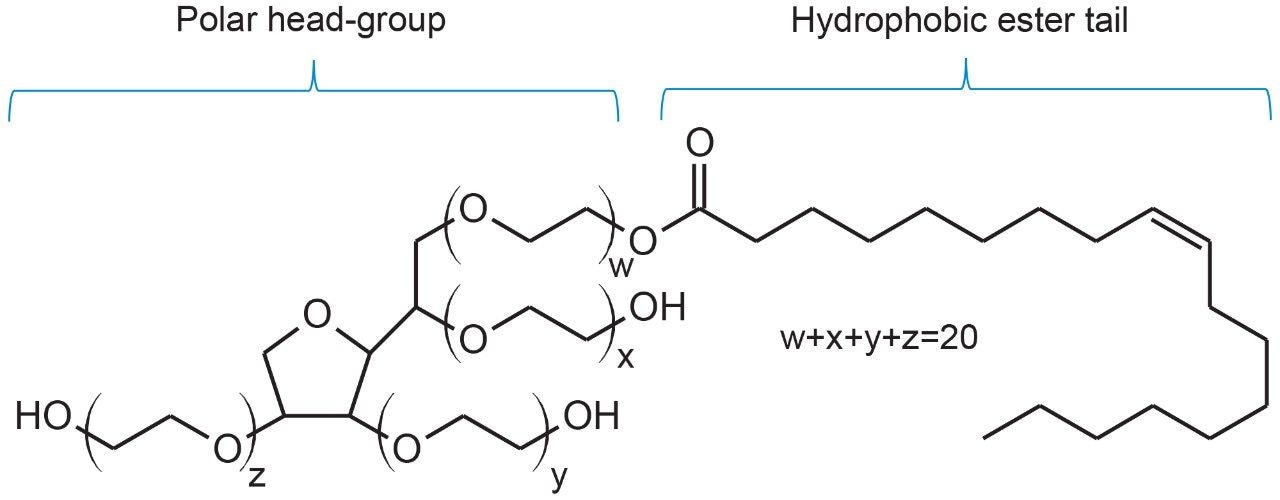  Polyoxyethylene sorbitan monooleate. PS-80 contains a polar head group and a hydrophobic tail where the head group is comprised of approximately 20 polyoxyethylene (POE) groups.