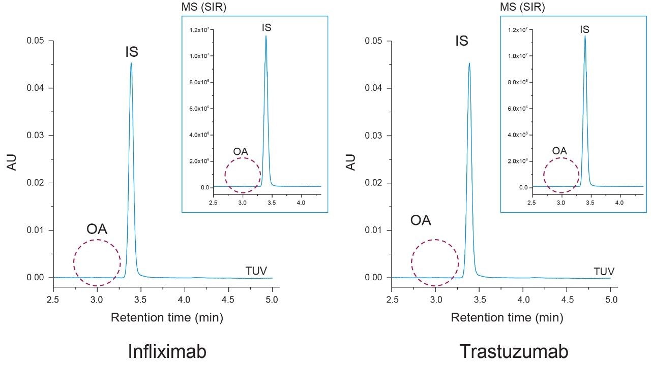 Free oleic acid results. Control samples of infliximab and trastuzumab  that were spiked with cis-10-nonadecenoic acid (IS) as an internal standard did not exhibit free oleic acid (OA) in their UV or MS chromatograms (inset) following liquid-liquid extraction in the absence  of a base hydrolysis.