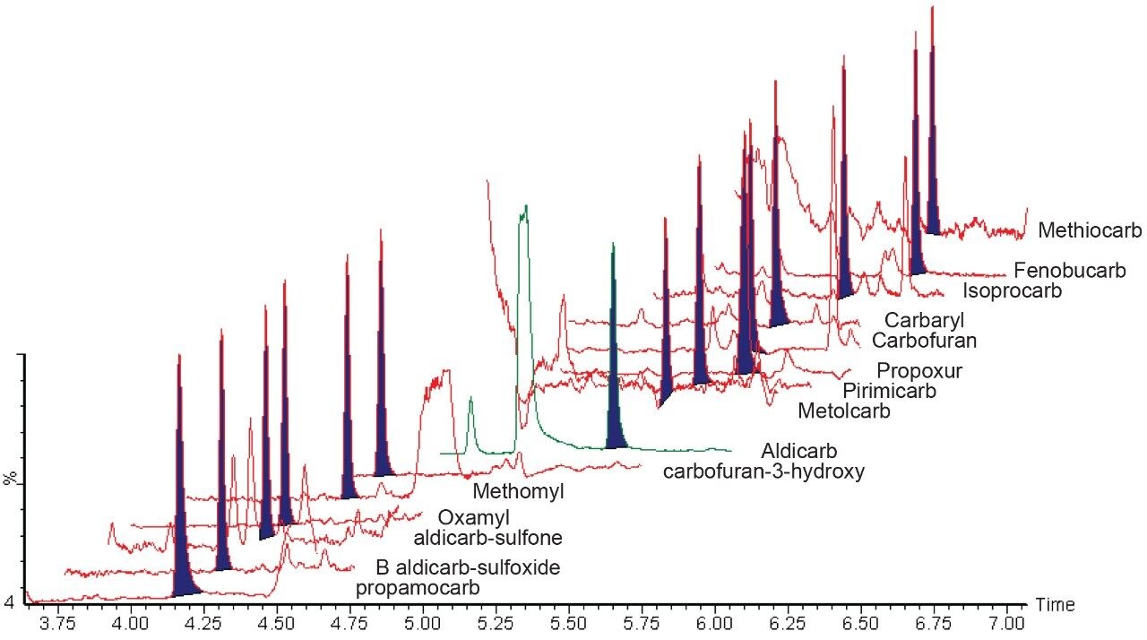 Figure 4. Typical chromatogram of carbamates at 5 μg/kg spiked in corn powder.