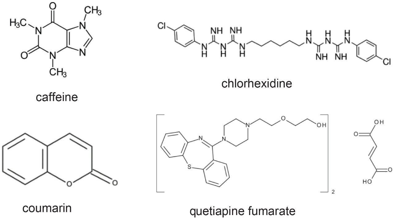 Structures of caffeine, chlorhexidine, coumarin, and quetiapine fumarate