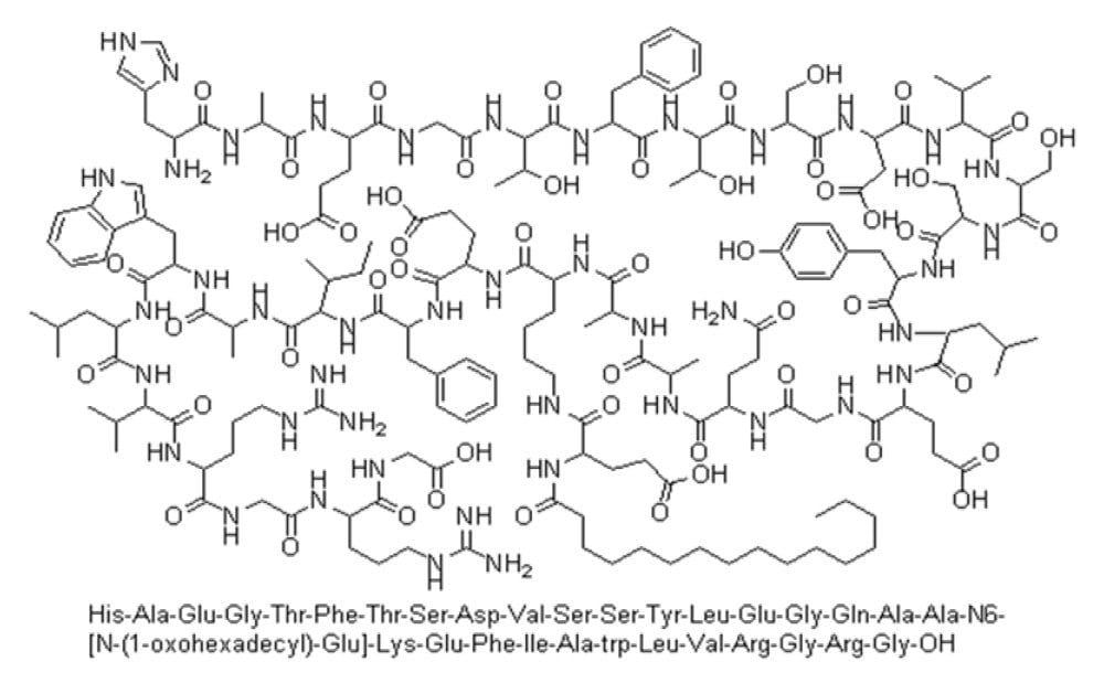 Chemical structure and amino acid sequence of liraglutide