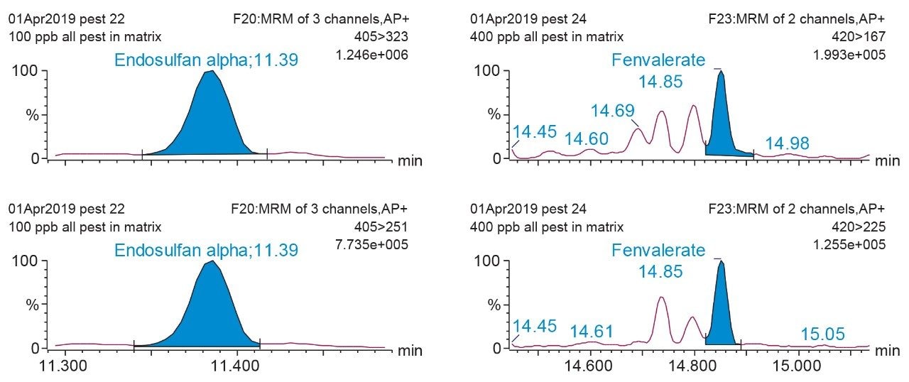 Representative MRM chromatograms showing the primary quantification and the secondary qualifier transition for endosulfan alpha (100 ppb) and fenvalerate at a level and 400 ppb (ng/g) in pesticide-free cannabis extracted using the sample preparation protocol reported.