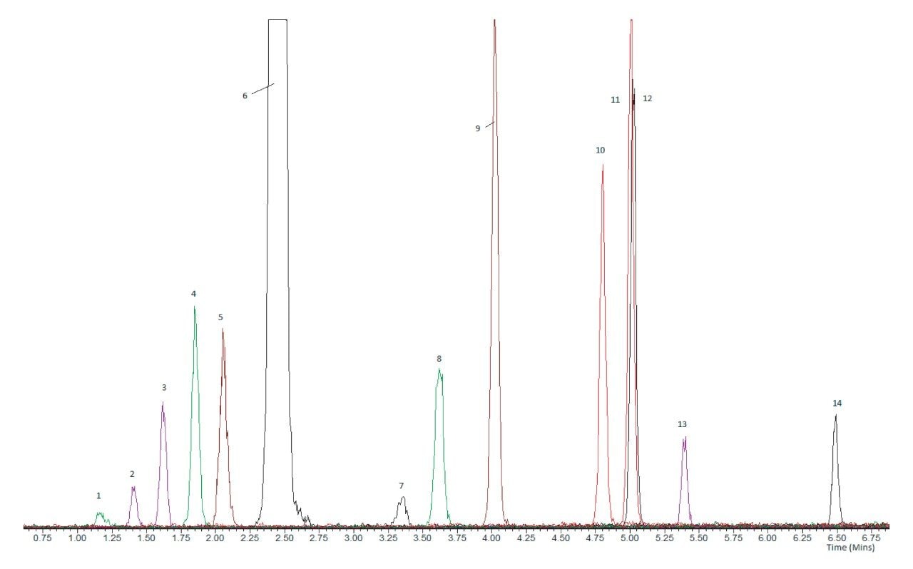 UPLC separation of the 14 steroids using the MetaboQuan-R platform, including the 5 sets of isobaric steroids