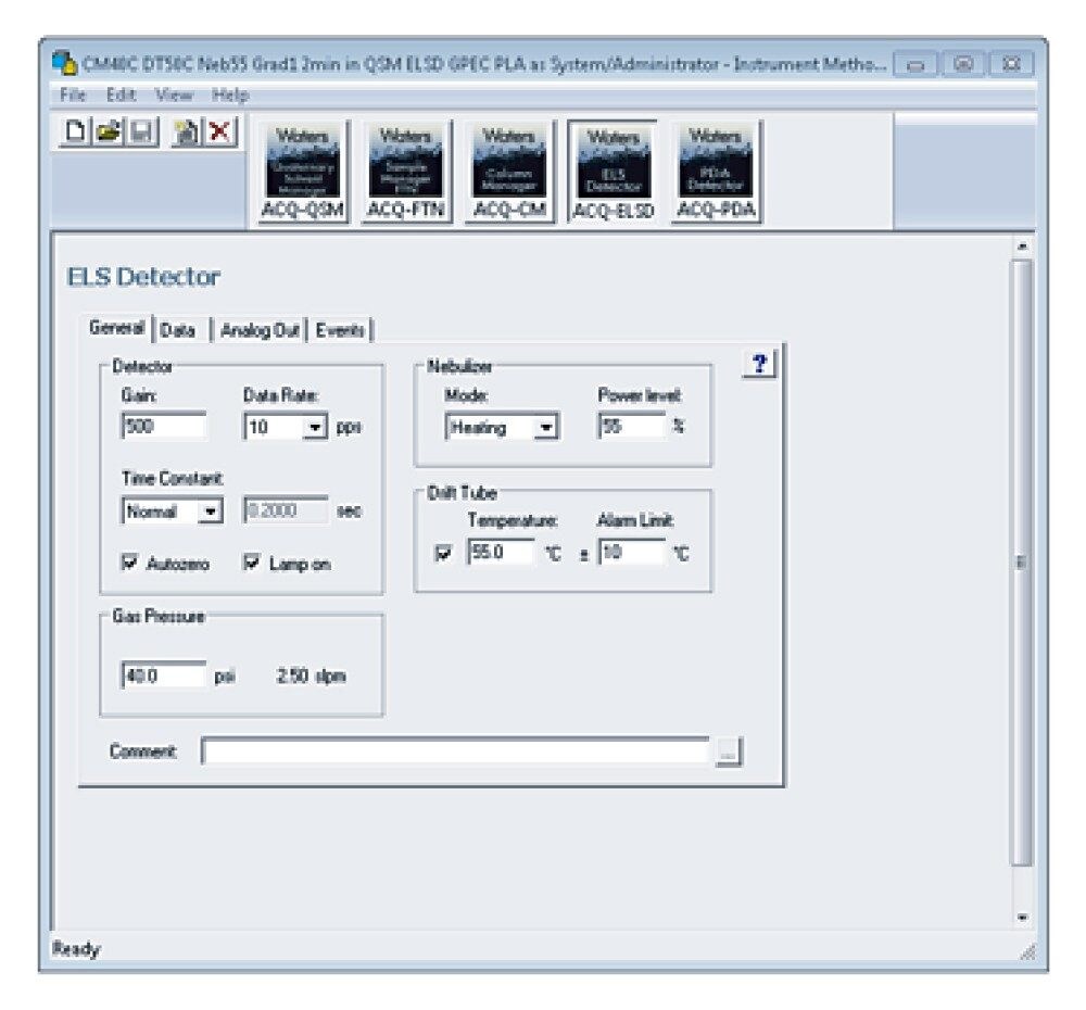 ELS Detector settings for GPEC method.