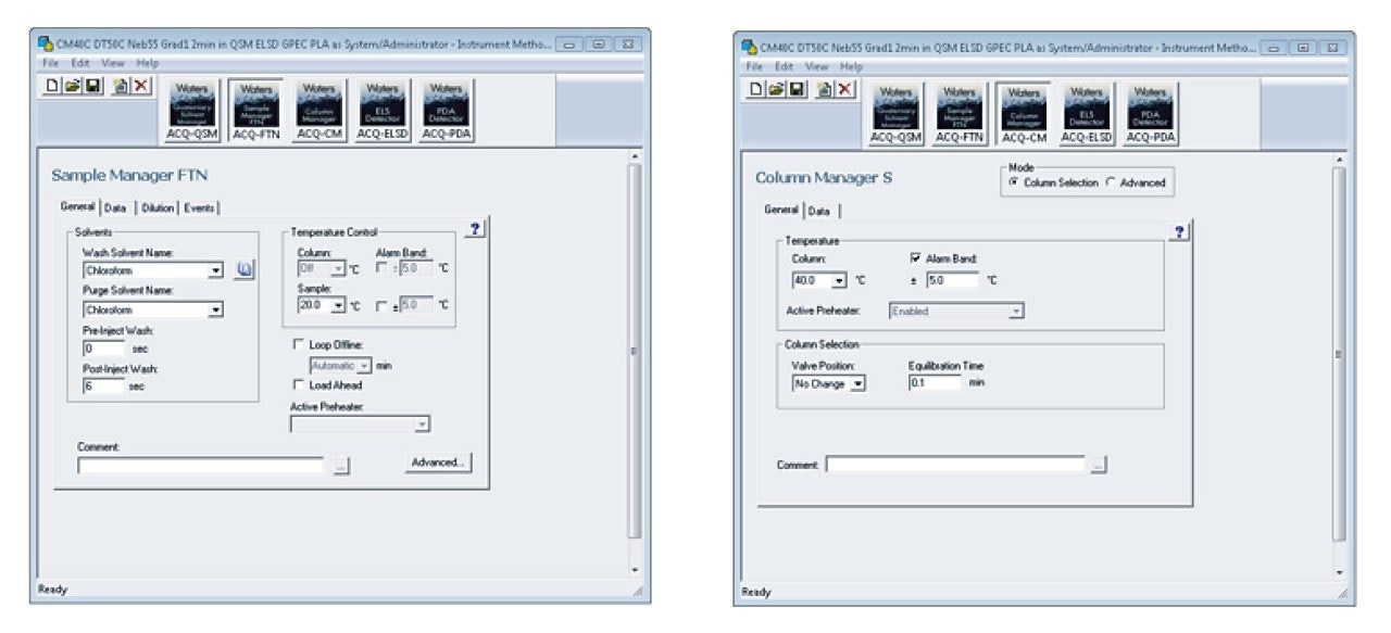 Sample manager and column manager settings for GPEC method.