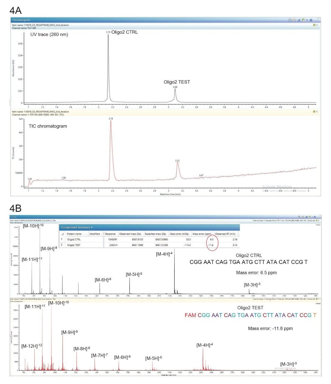  (A) TUV and TIC chromatograms showing the separation of the Oligo2 oligonucleotides; (B) ESI-MS spectra.