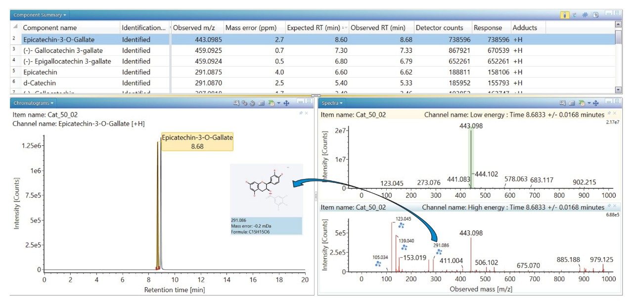 UNIFI display showing table of identifications in a catechin standard injection with a summary for each compound.