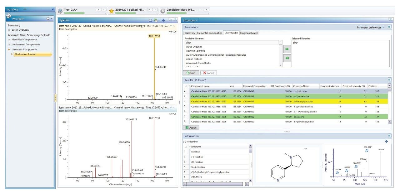 Identification of nicotine by using Discovery tool with the help of ChemSpider search functionality