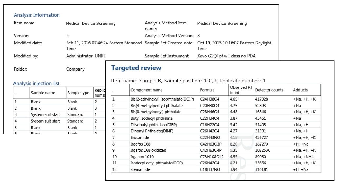 Report examples for analysis information and target summary