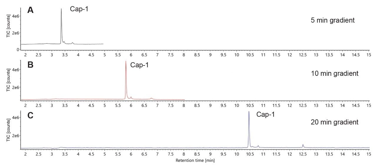  TIC chromatograms of Cap-1 fragment obtained using an ACQUITY Premier Oligonucleotide BEH C18, 1.7 μm, 2.1 x 50 mm Column.