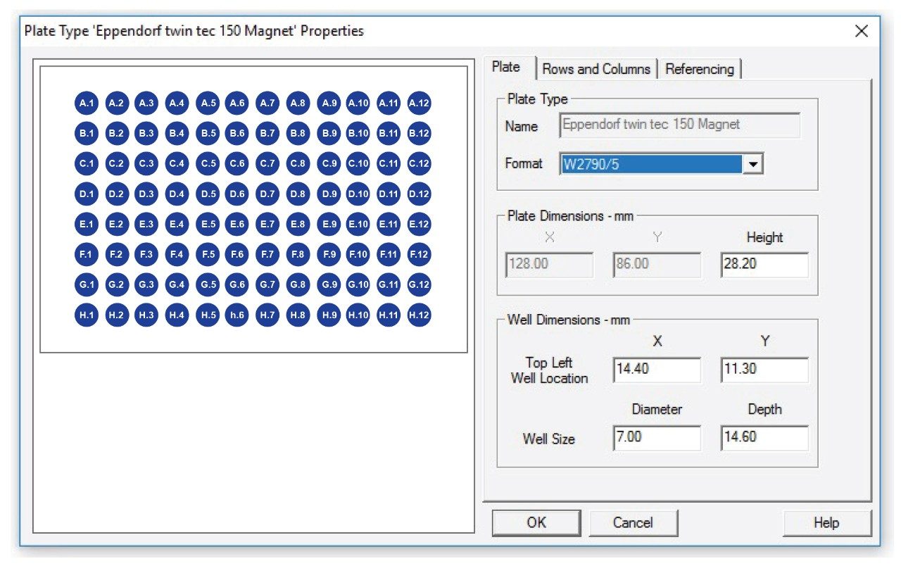  Plate parameters used in the Empower to accommodate the 96-well PCR plate with a bar magnet underneath.