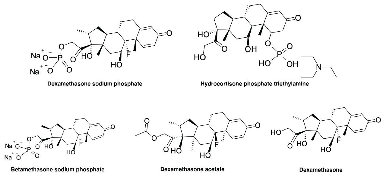 Chemical structures of hydrocortisone phosphate, dexamethasone phosphate, and its three related compounds.