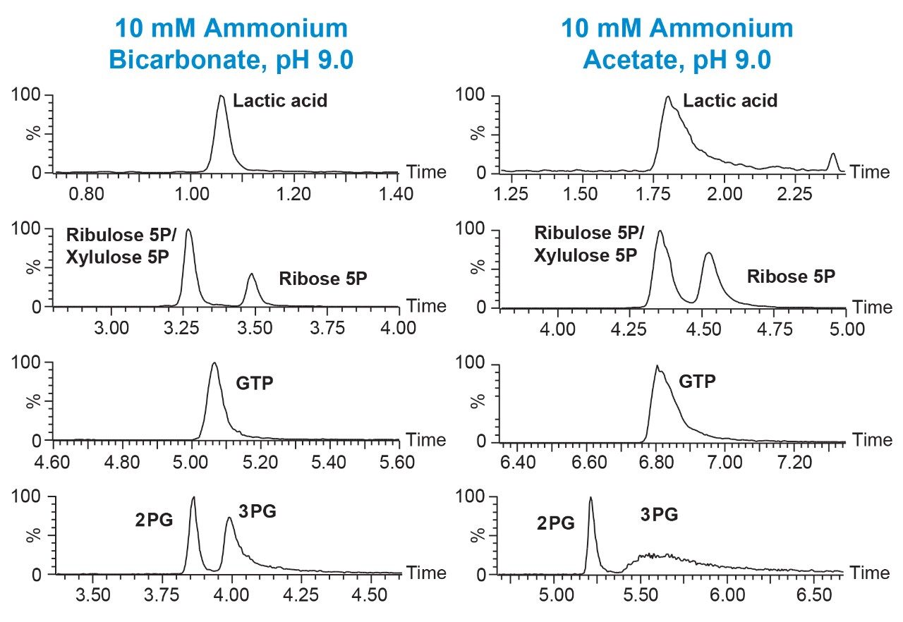 Influence of mobile phase buffer on peak shape and resolution of analytes