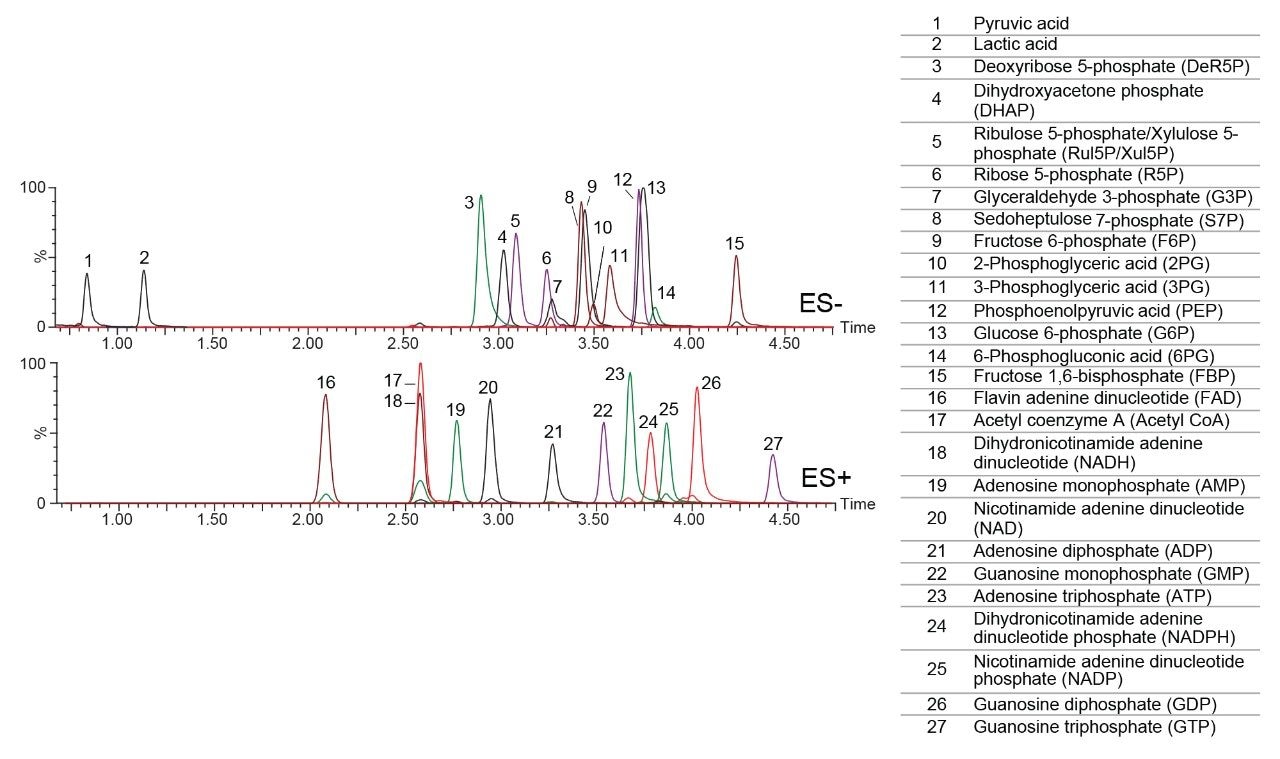 Representative chromatograms of analyte standards in 50/50 ACN/water