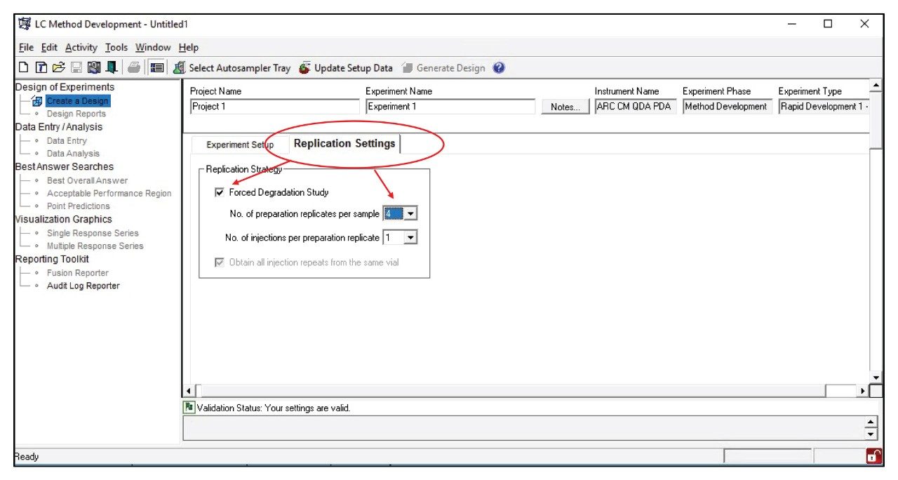 LC method development settings in the Fusion QbD Software