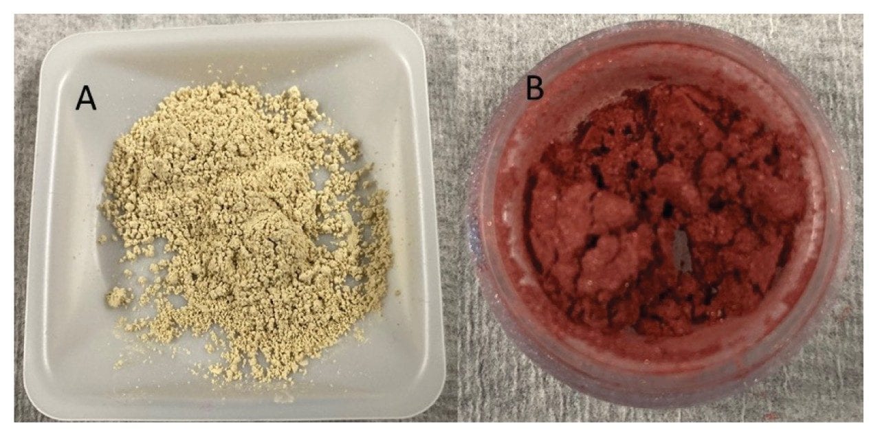 Solid cosmetics used in this study.  A. foundation; B. eye shadow